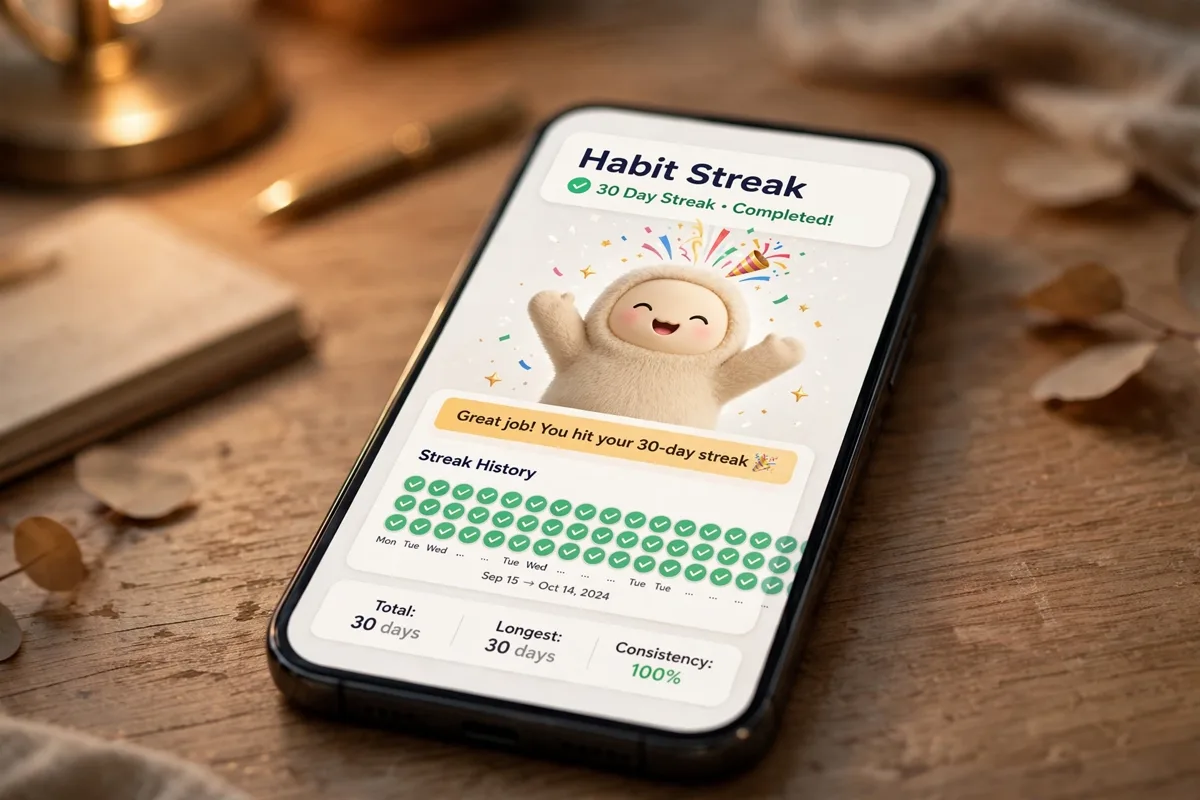Close up of a phone showing a habit streak counter with a 3D virtual pet celebrating on screen.