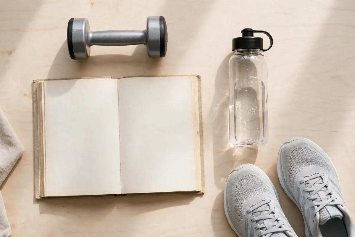 Flat lay of small dumbbell, open book and water bottle representing tiny daily habits.