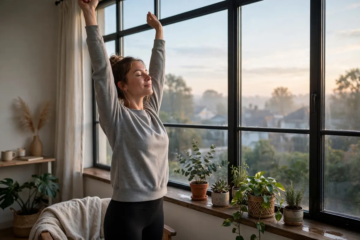 Person stretching beside a bright window at dawn, soft morning light filling the room.