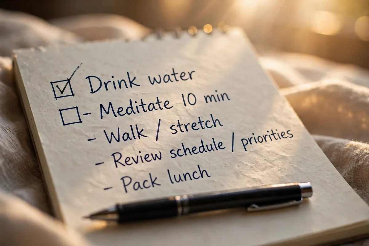 Close up of a handwritten morning checklist on paper with the top item checked off.