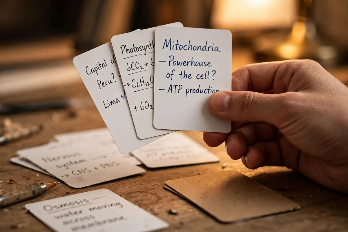 Close up of handwritten flashcards mid recall test, one card face down after being answered.