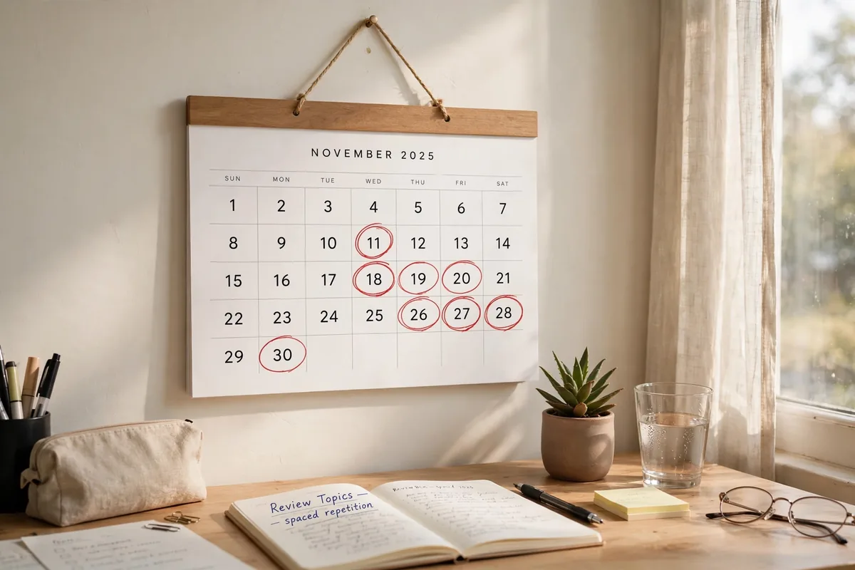 Wall calendar with spaced review dates circled in pen above a study desk.