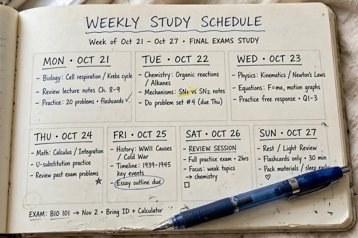 Close up of a handwritten weekly study schedule with exam topics assigned to each day.