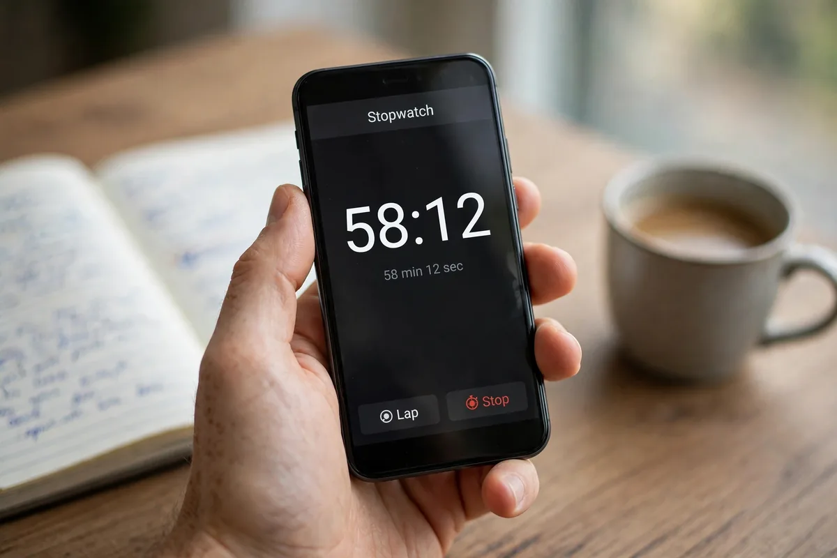 Close-up of a phone showing a count-up stopwatch timer with a long elapsed focus session.