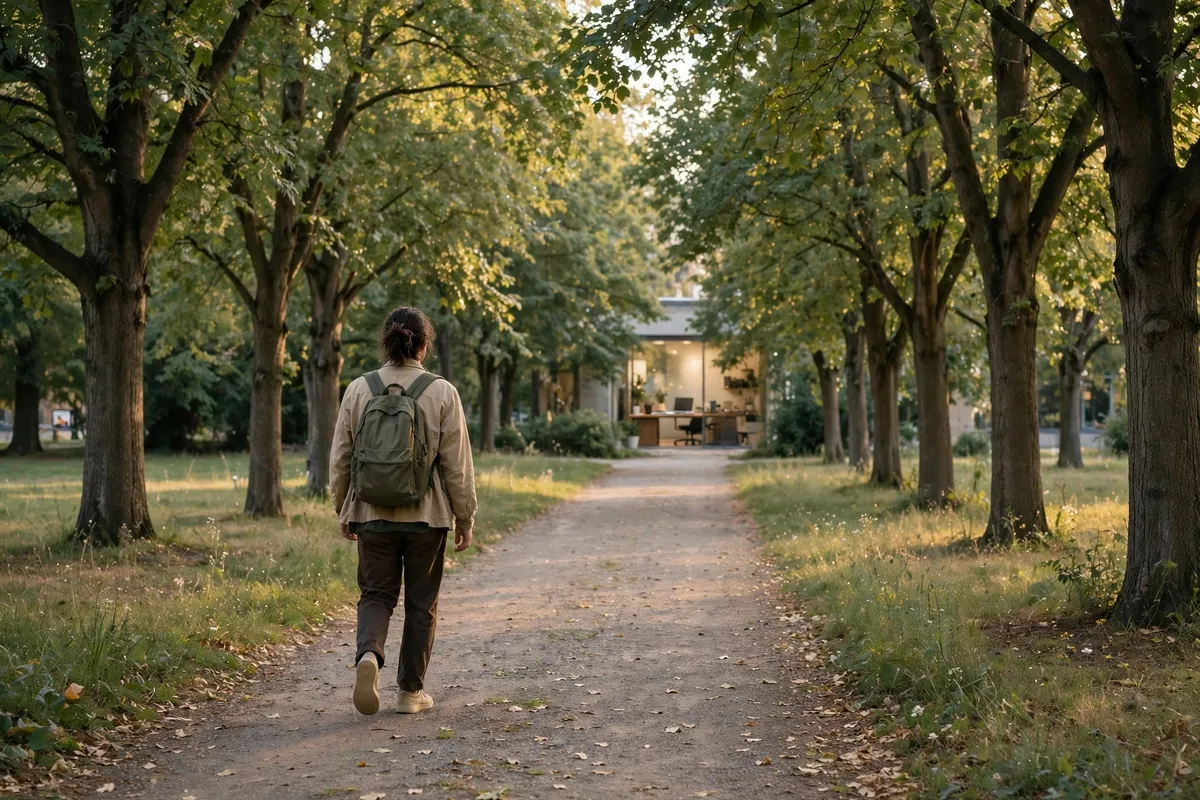 Person taking a long relaxed break walk outdoors after a deep focus session.