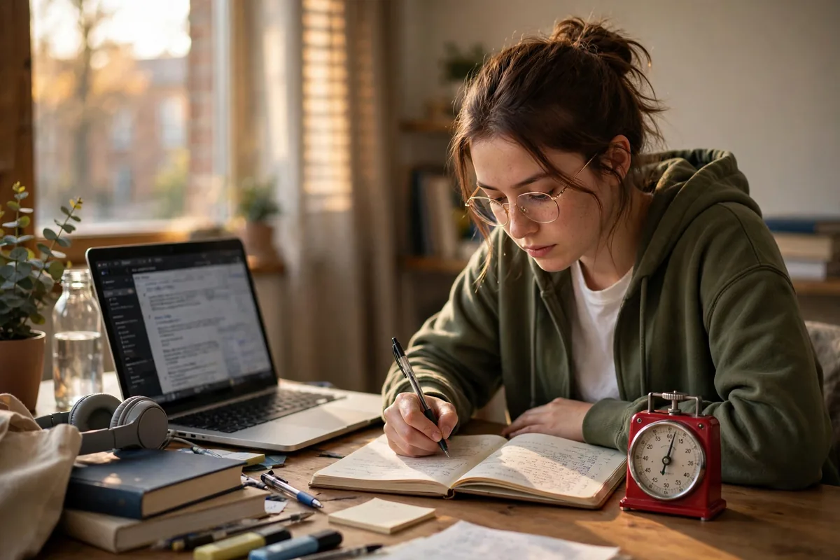 Student writing in a notebook during a focused pomodoro session, red kitchen timer running on the desk.