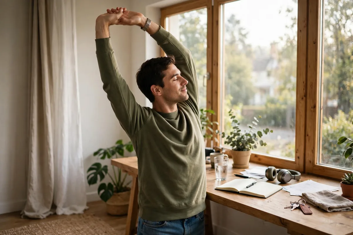 Person stretching by a bright window during a short pomodoro break, glass of water on the desk.