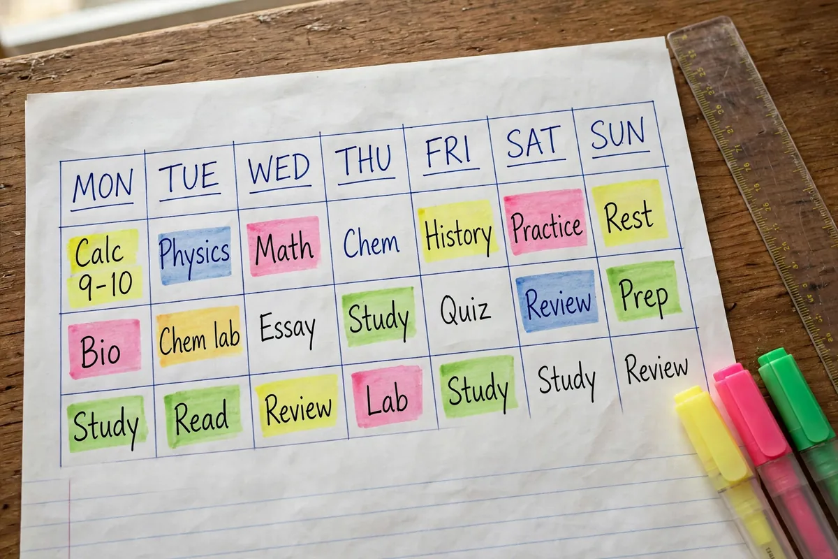 Handwritten weekly study schedule with subjects like maths, physics and history highlighted in different colors for each day.