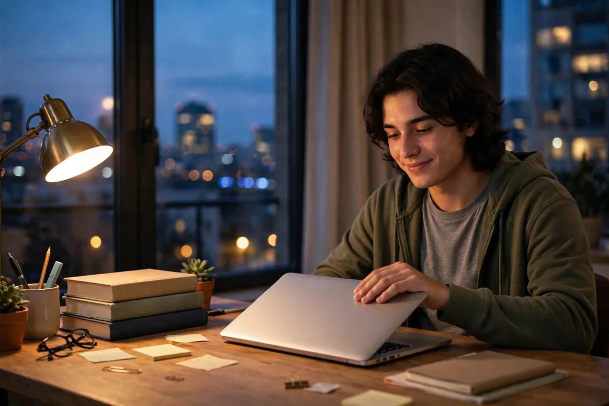 Student closing a laptop at a tidy desk in the early evening, done studying for the day.