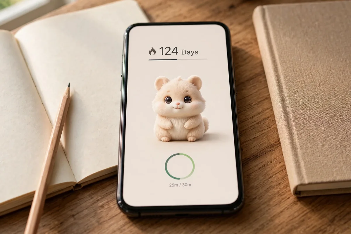 Phone on a desk showing a 124 day habit streak with a small 3D pet on the screen and a focus session in progress.