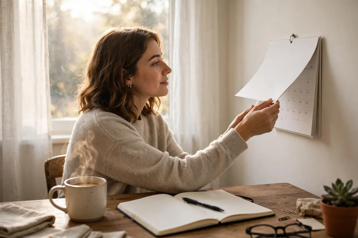 Person turning a wall calendar to a fresh page in the morning, coffee on the desk, ready to restart a habit streak.