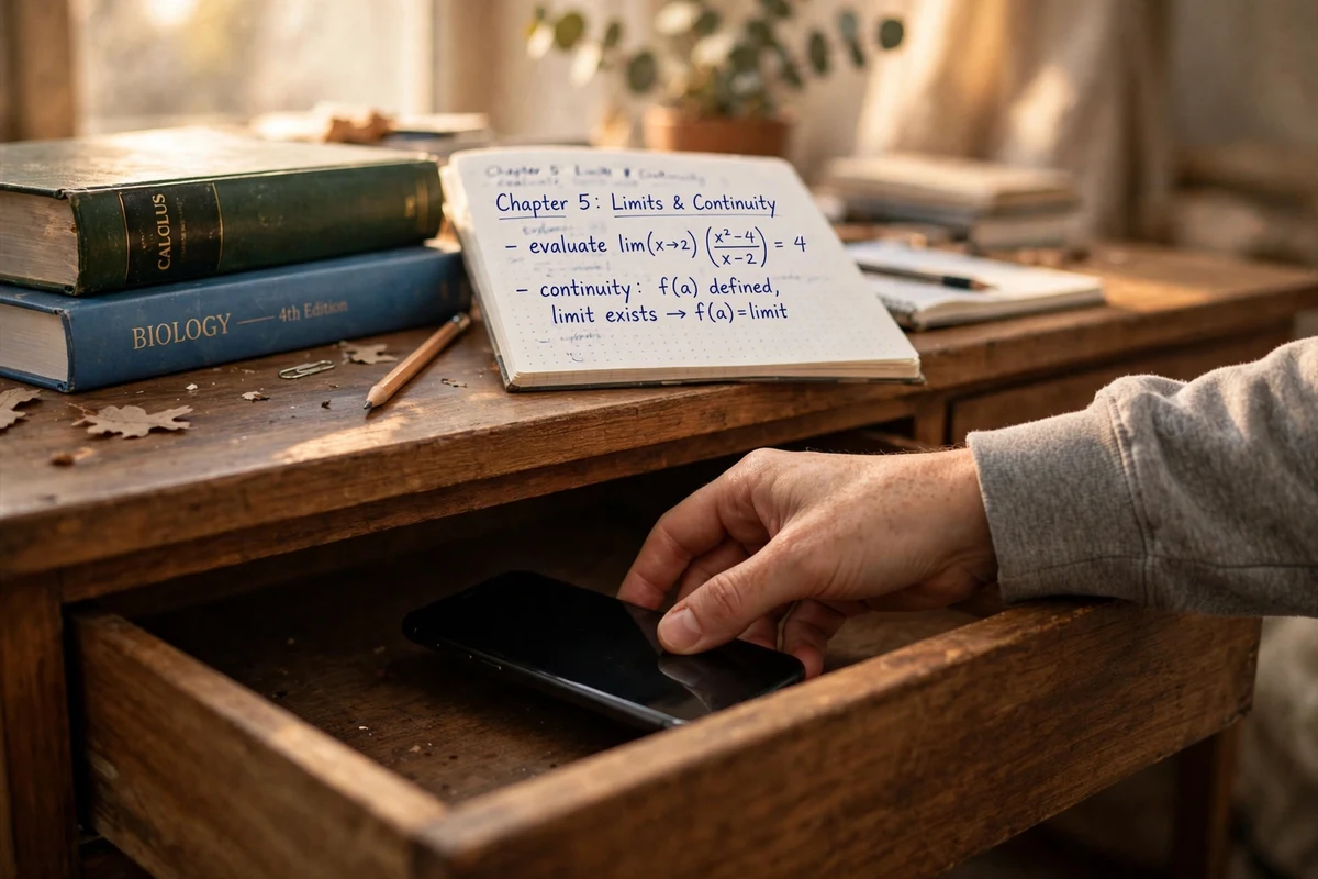 Student sliding a phone into a desk drawer to remove distractions before a study session.