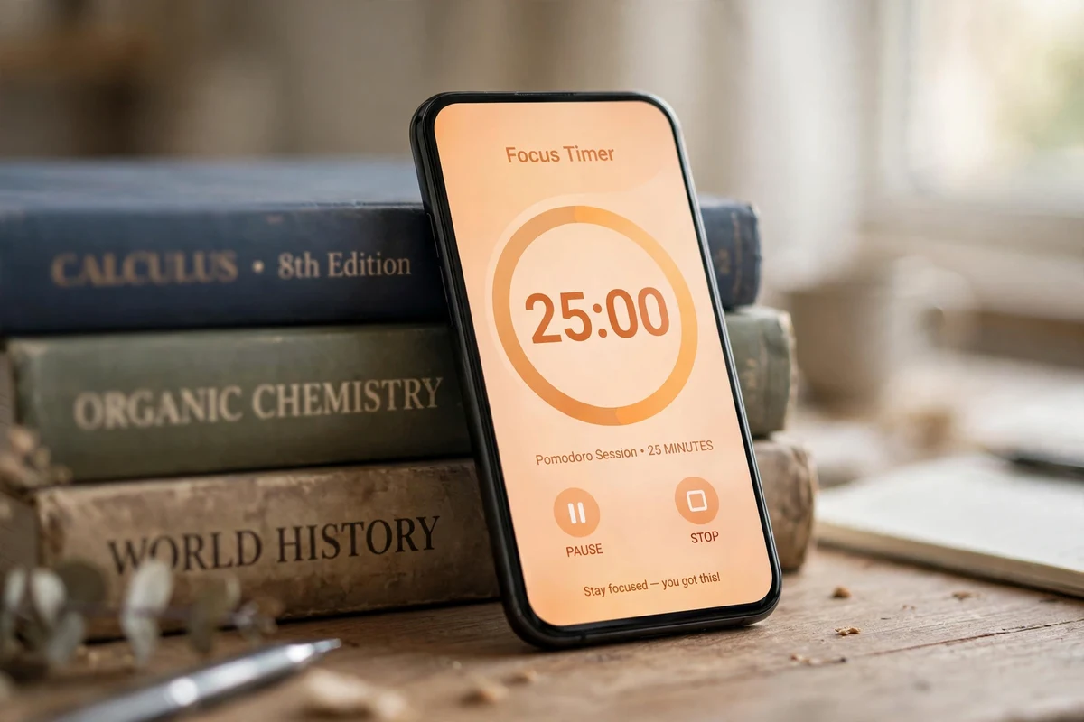 Close up of a phone showing a 25 minute study timer counting down next to textbooks.
