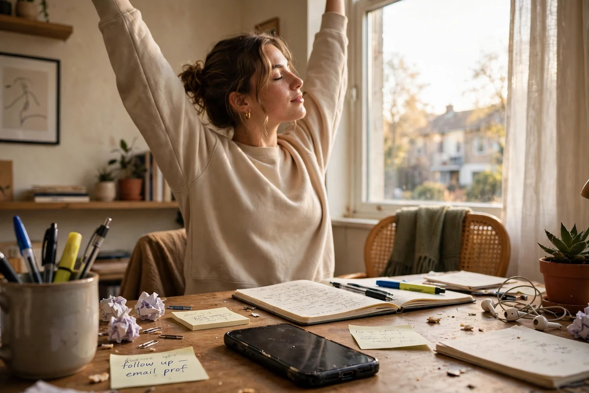 Person taking a short movement break between focus sessions, stretching beside a bright window.