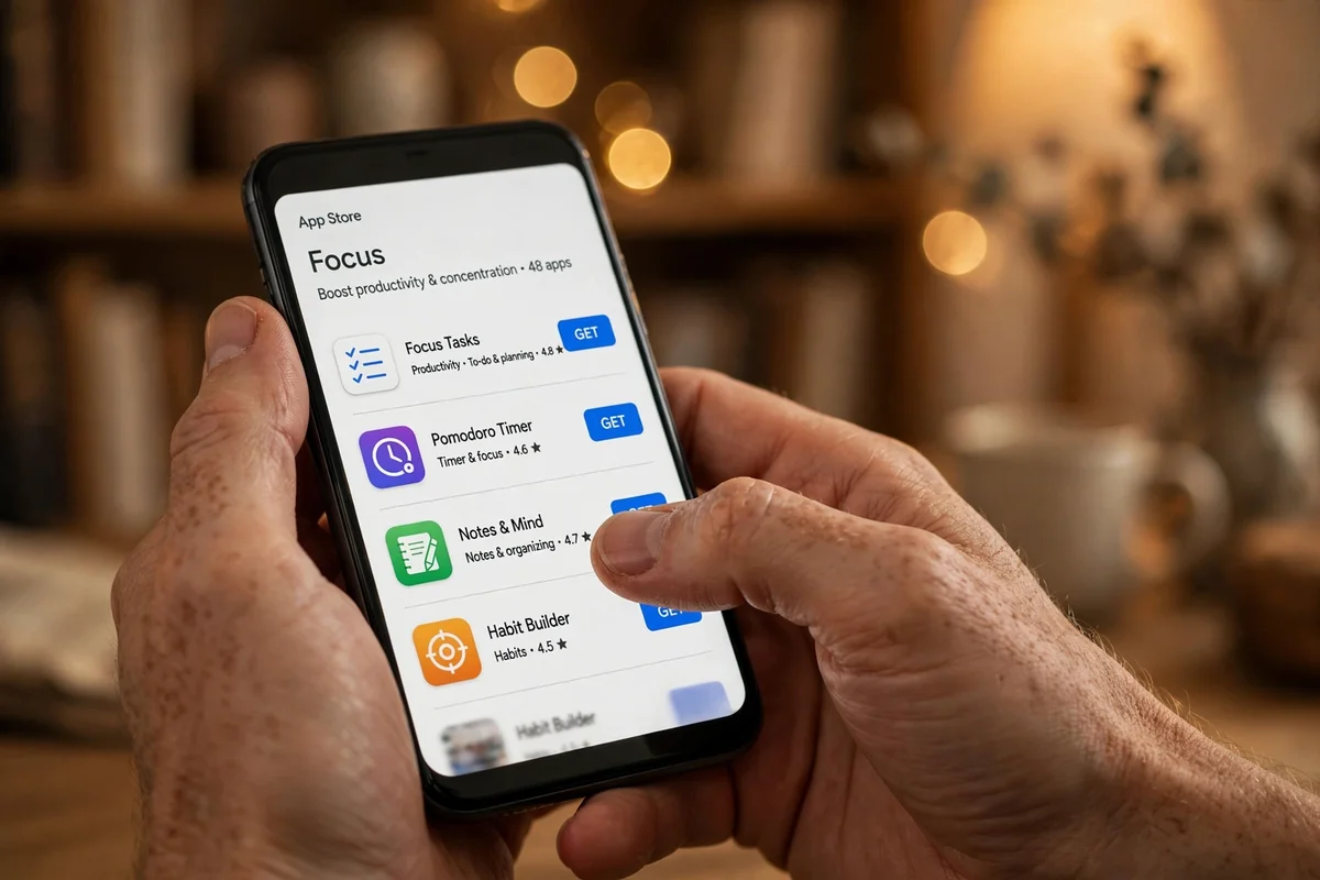 Photorealistic close up of a person scrolling focus apps in a phone app store.