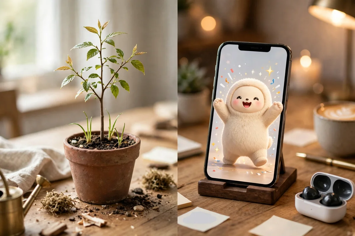 Photorealistic split scene of a growing tree sapling and a happy virtual pet on a phone.