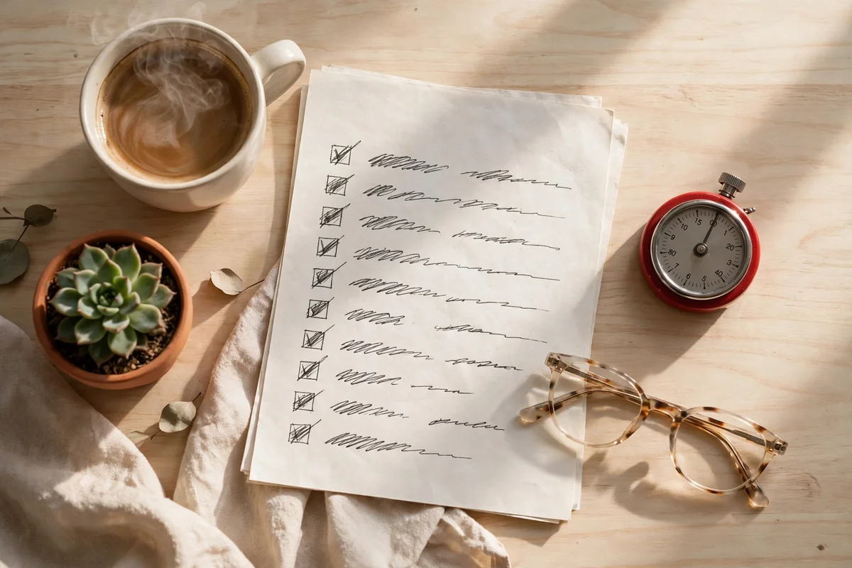 Photorealistic morning flat lay with coffee, a handwritten to do list, and a timer.