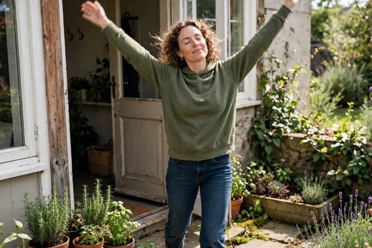Photorealistic person stepping outside for a short walk during a real work break.