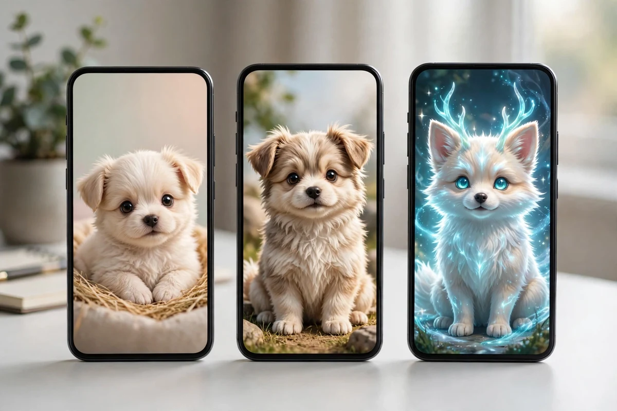 Three real phones on a desk showing the same virtual pet at three evolution stages, from baby pup to grown creature.