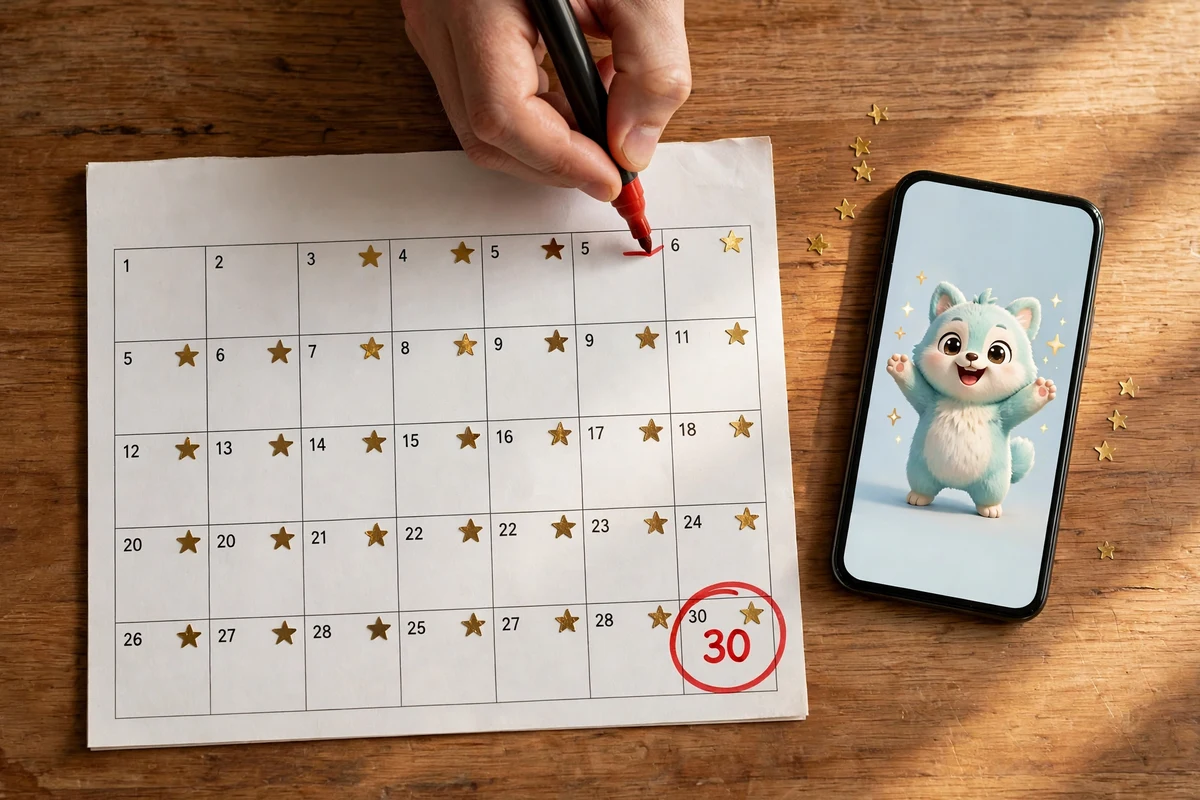 A hand marking a growing focus streak on a paper calendar next to a phone with a virtual pet.